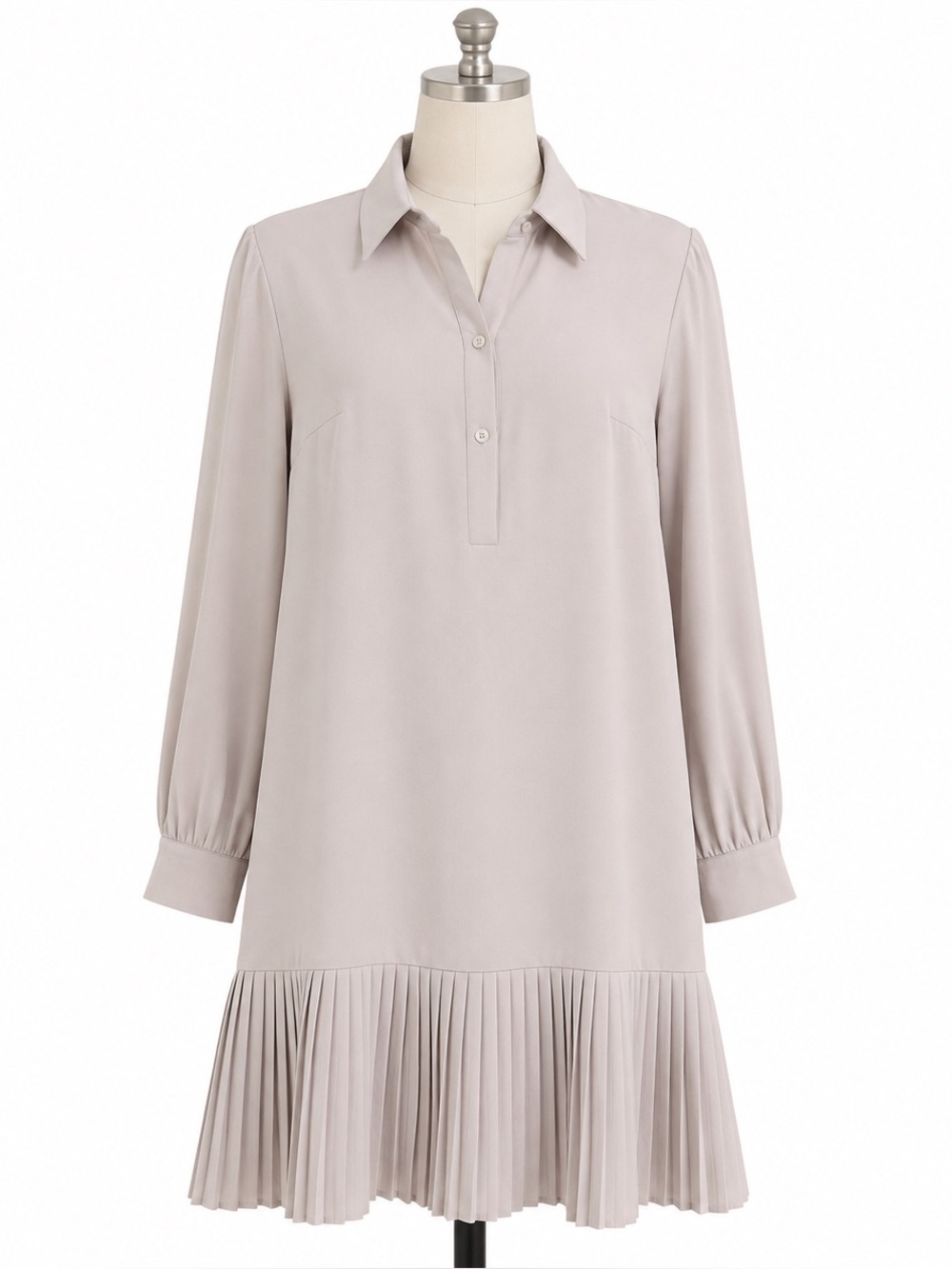 Vintage Pleated Hem Long Sleeve Shirt Dress - Light Taupe